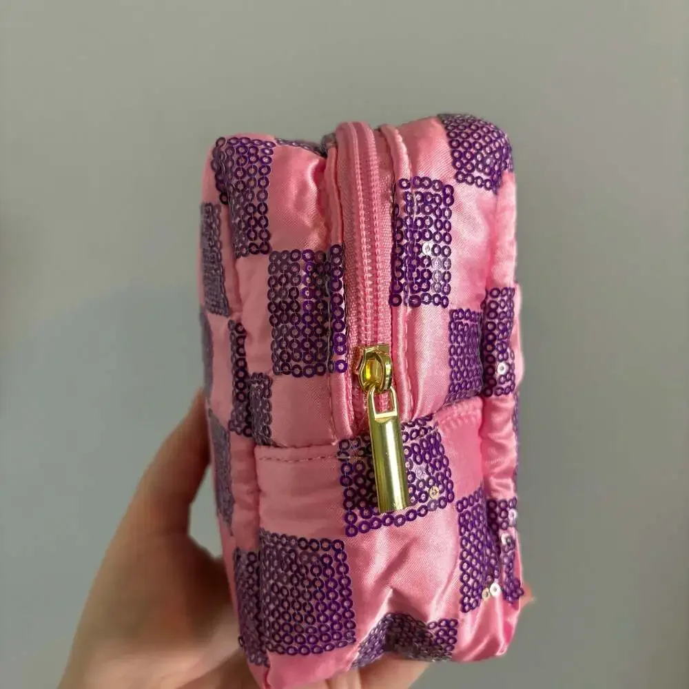 Pink and Purple Checkered Sequin Makeup Bag
